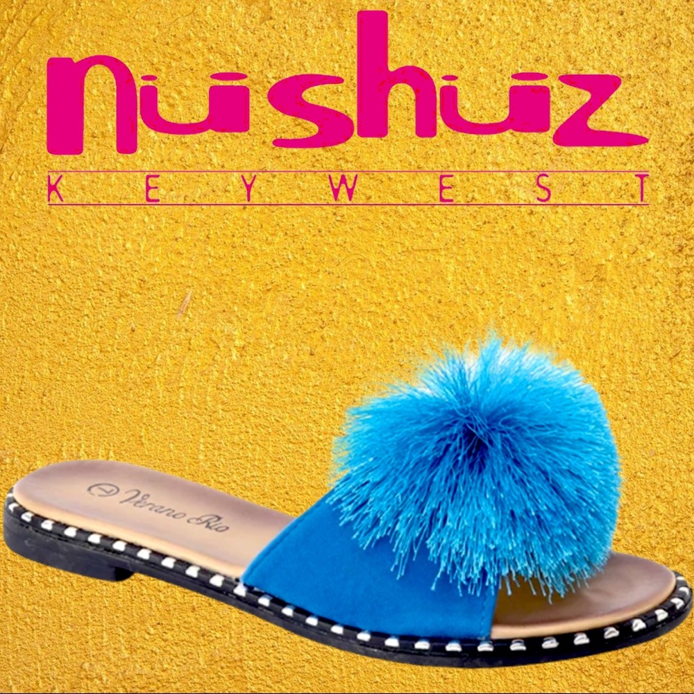 New Color! Turquoise Pom Pom Studded Flat Mule Sandals